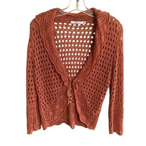 Crochet Ruffle Open Front Cropped HookEye Boho Hippie Orange Rust Sweater Large